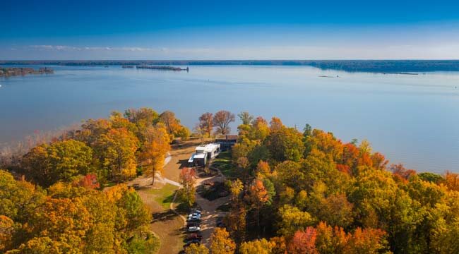 Aerial view of the VCU Rice Rivers Center and the James River