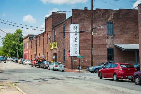 Exterior of an old brick warehouse