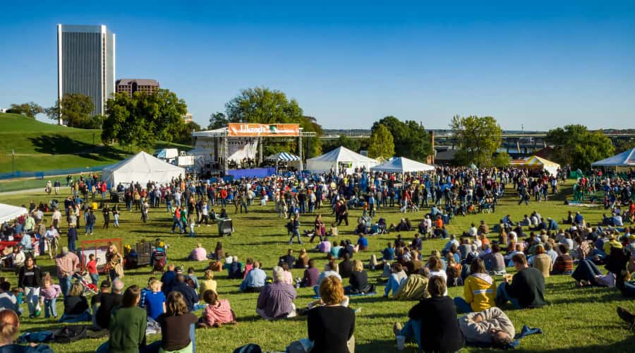 Tents and crowds of people at the Richmond Folk Festival