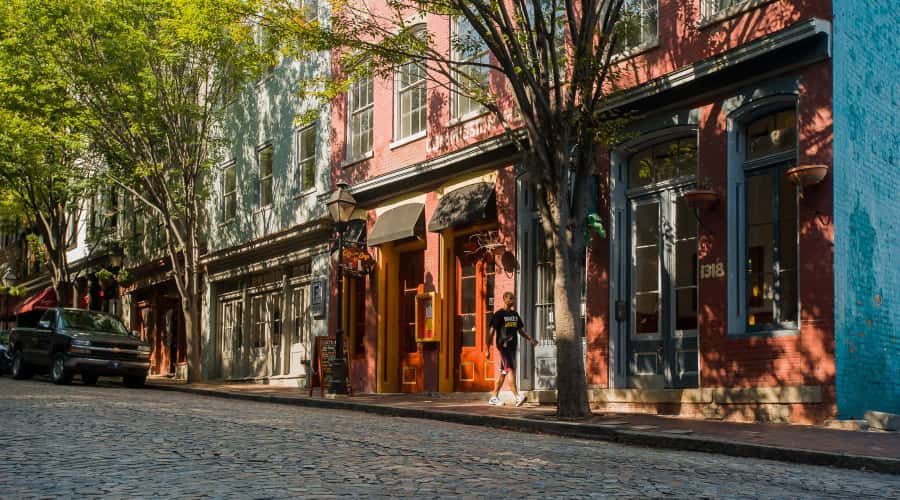 Cobblestone street and historic buildings